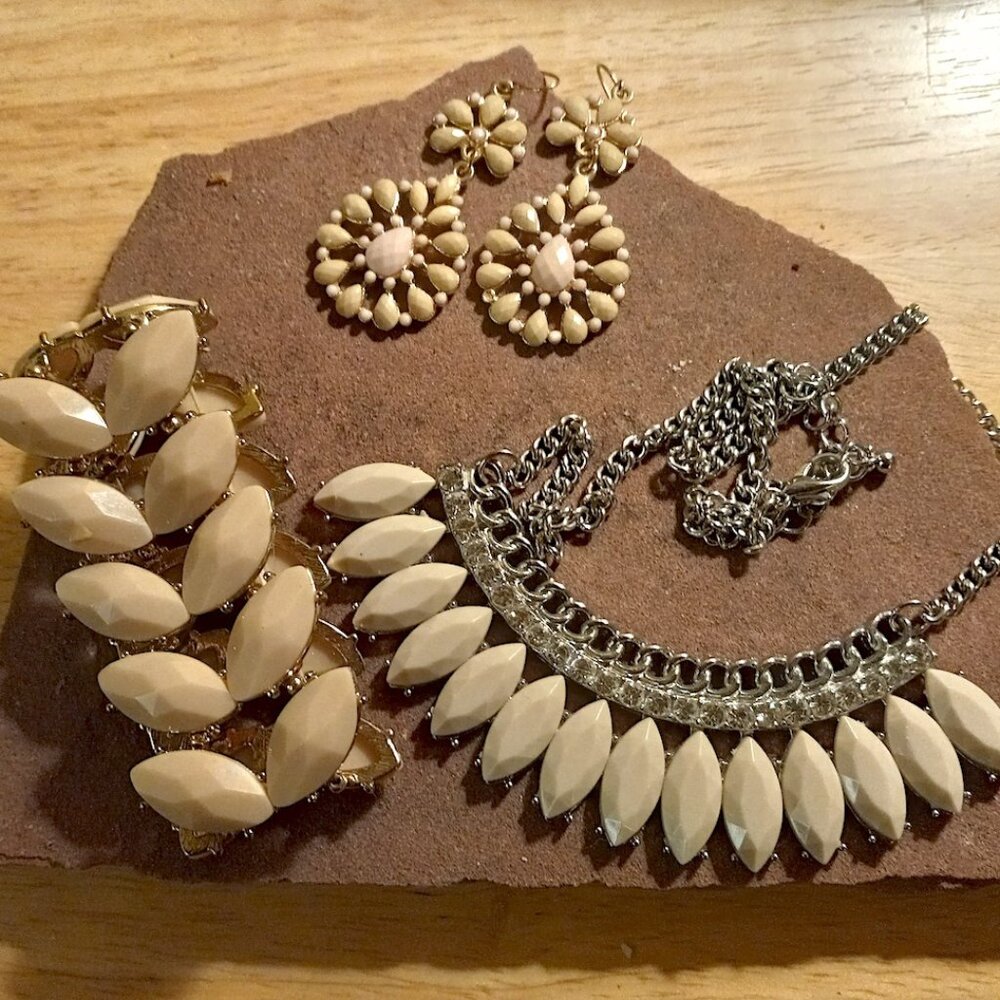 Costurme Jewelry Set Bib Necklace Earrings Bracelet Gold Tone Rhinestone & Beads